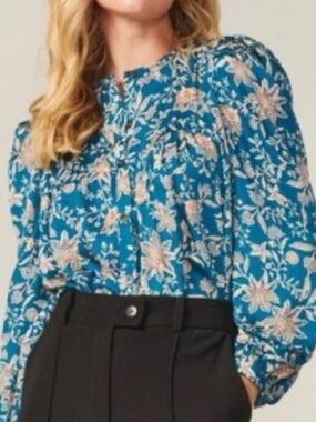 Greylin Teal Floral Long-Sleeve Button Front Blouse